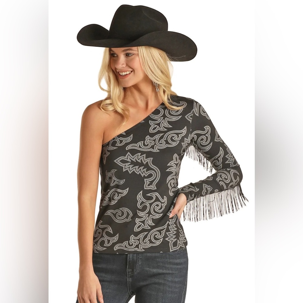 Rock&Roll brand-Fringed cowgirl off shoulder blouse NWOT